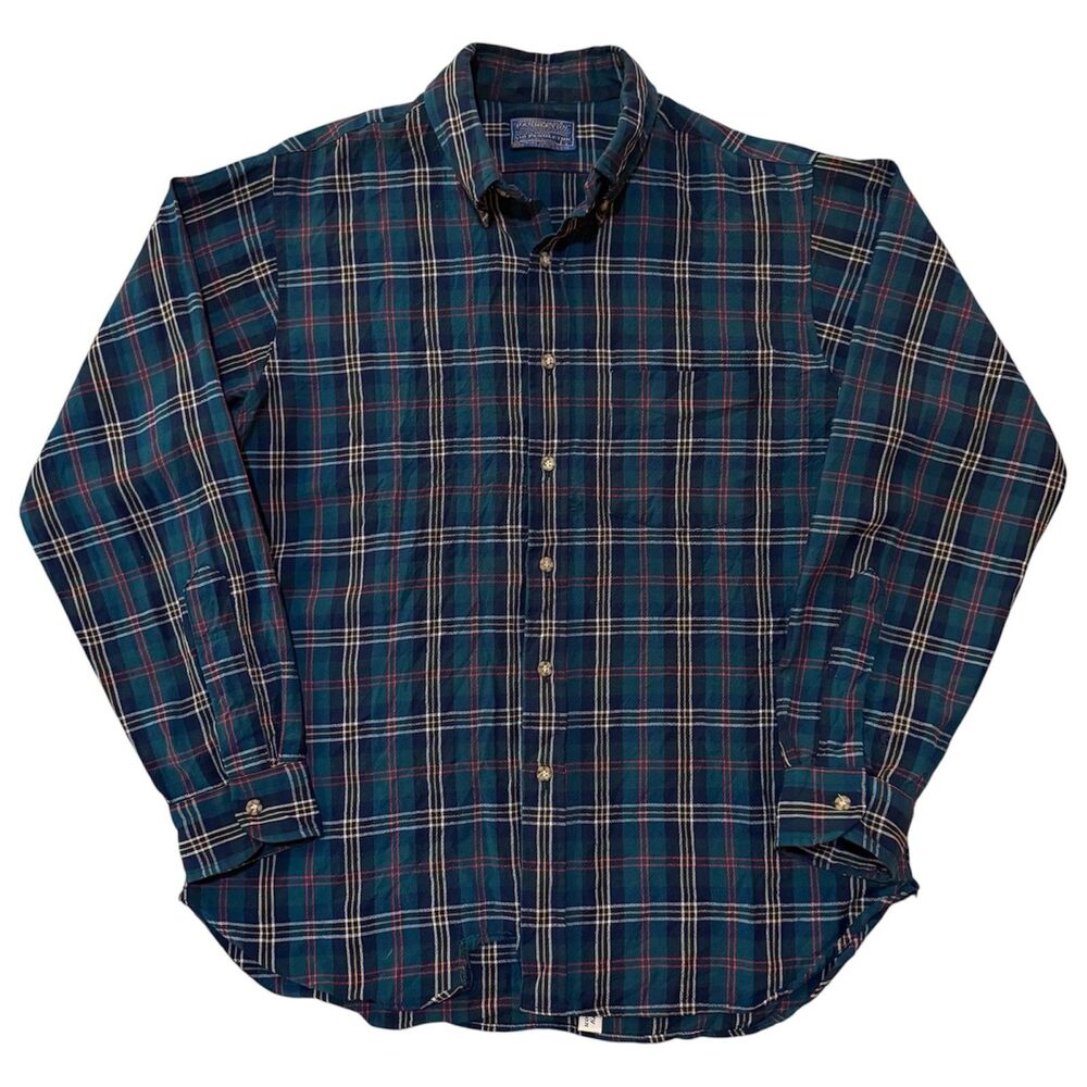 Vintage 1960s Pendleton Wool Button Down Shirt Size L Green Tartan Plaid Green